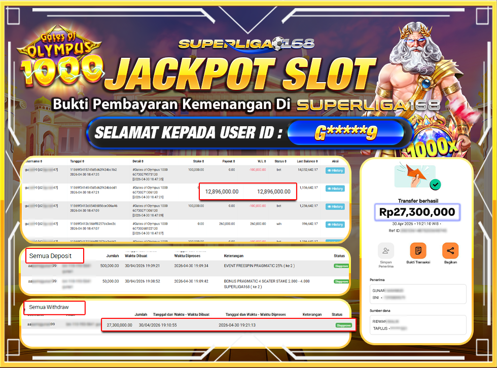 SUPERLIGA168 JACKPOT GATES OF OLYMPUS 1000 Rp.27,300,000LUNASSSSSS